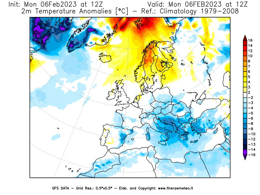 Mappa di analisi GFS - Anomalia Temperatura [°C] a 2 m in Europa
							del 06/02/2023 12 <!--googleoff: index-->UTC<!--googleon: index-->
