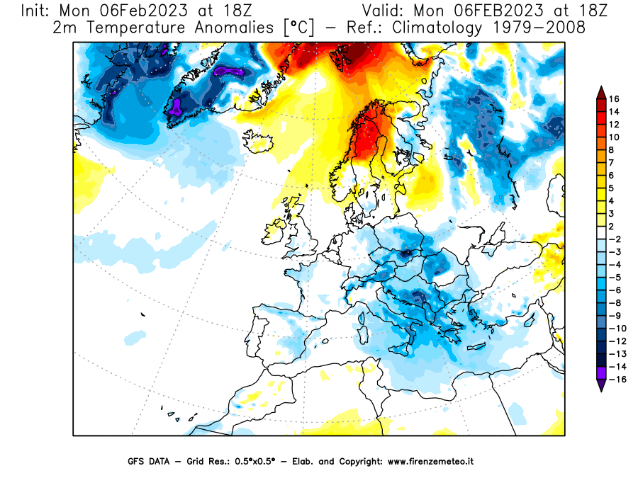 Mappa di analisi GFS - Anomalia Temperatura [°C] a 2 m in Europa
							del 06/02/2023 18 <!--googleoff: index-->UTC<!--googleon: index-->