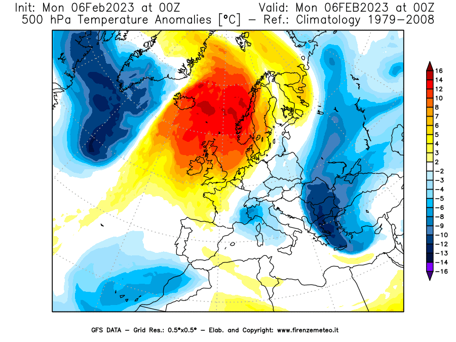 Mappa di analisi GFS - Anomalia Temperatura [°C] a 500 hPa in Europa
							del 06/02/2023 00 <!--googleoff: index-->UTC<!--googleon: index-->