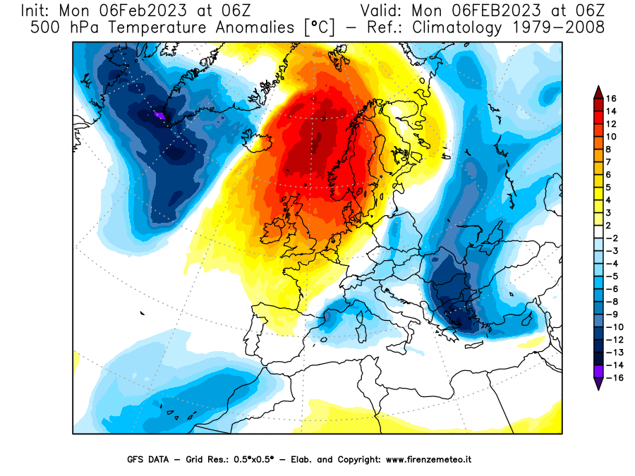 Mappa di analisi GFS - Anomalia Temperatura [°C] a 500 hPa in Europa
							del 06/02/2023 06 <!--googleoff: index-->UTC<!--googleon: index-->