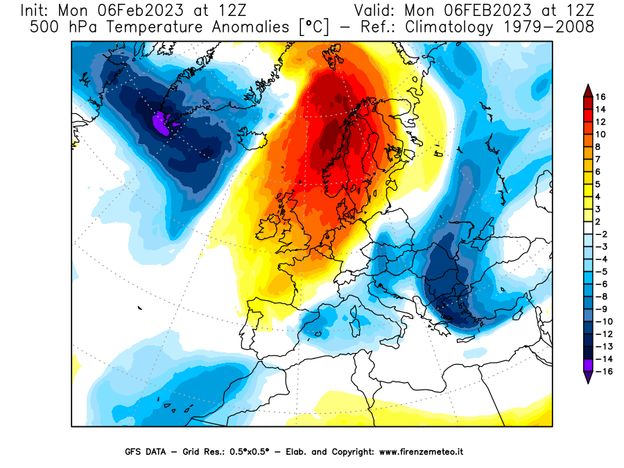 Mappa di analisi GFS - Anomalia Temperatura [°C] a 500 hPa in Europa
							del 06/02/2023 12 <!--googleoff: index-->UTC<!--googleon: index-->