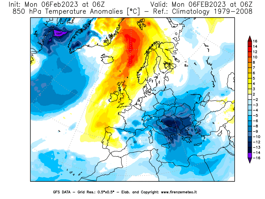 Mappa di analisi GFS - Anomalia Temperatura [°C] a 850 hPa in Europa
							del 06/02/2023 06 <!--googleoff: index-->UTC<!--googleon: index-->