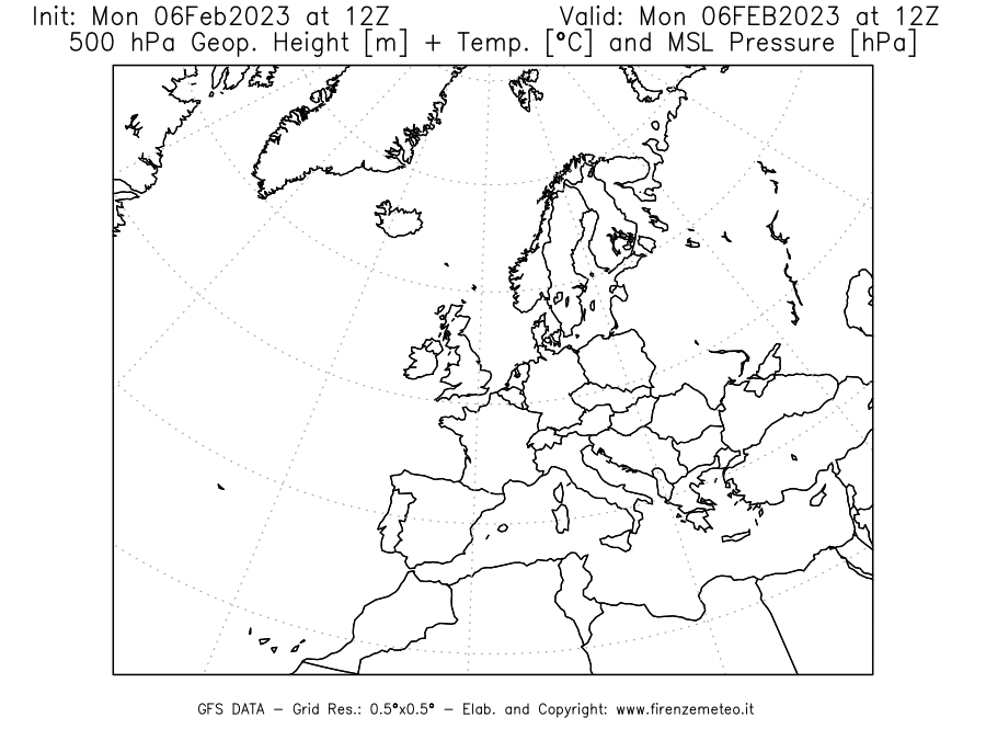 Mappa di analisi GFS - Geopotenziale [m] + Temp. [°C] a 500 hPa + Press. a livello del mare [hPa] in Europa
							del 06/02/2023 12 <!--googleoff: index-->UTC<!--googleon: index-->
