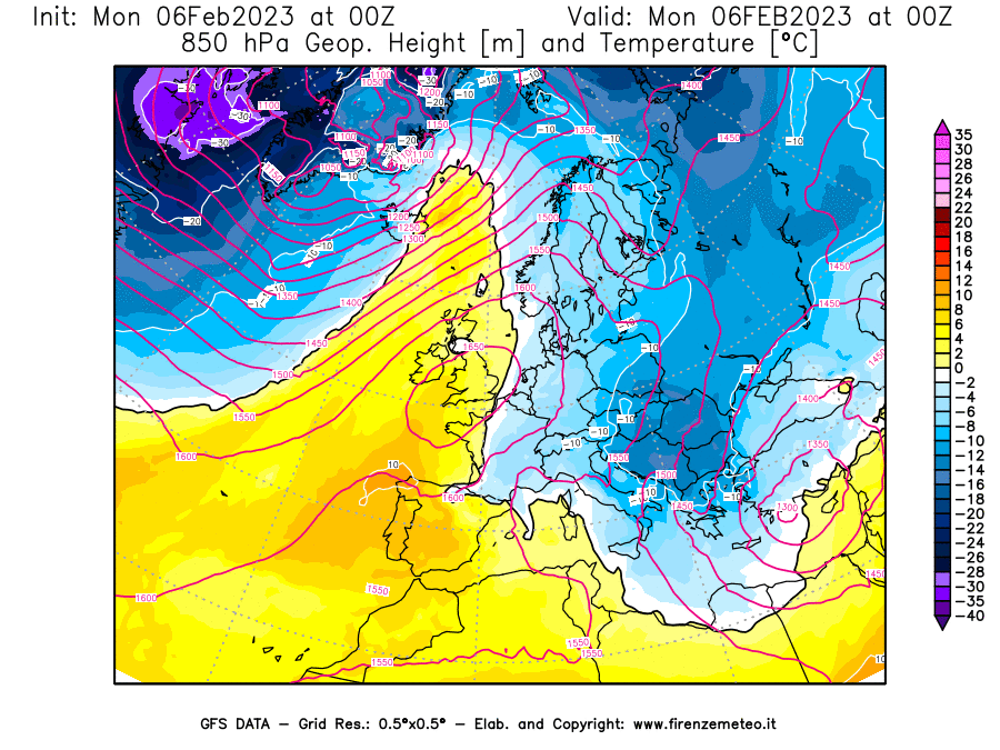 Mappa di analisi GFS - Geopotenziale [m] e Temperatura [°C] a 850 hPa in Europa
							del 06/02/2023 00 <!--googleoff: index-->UTC<!--googleon: index-->