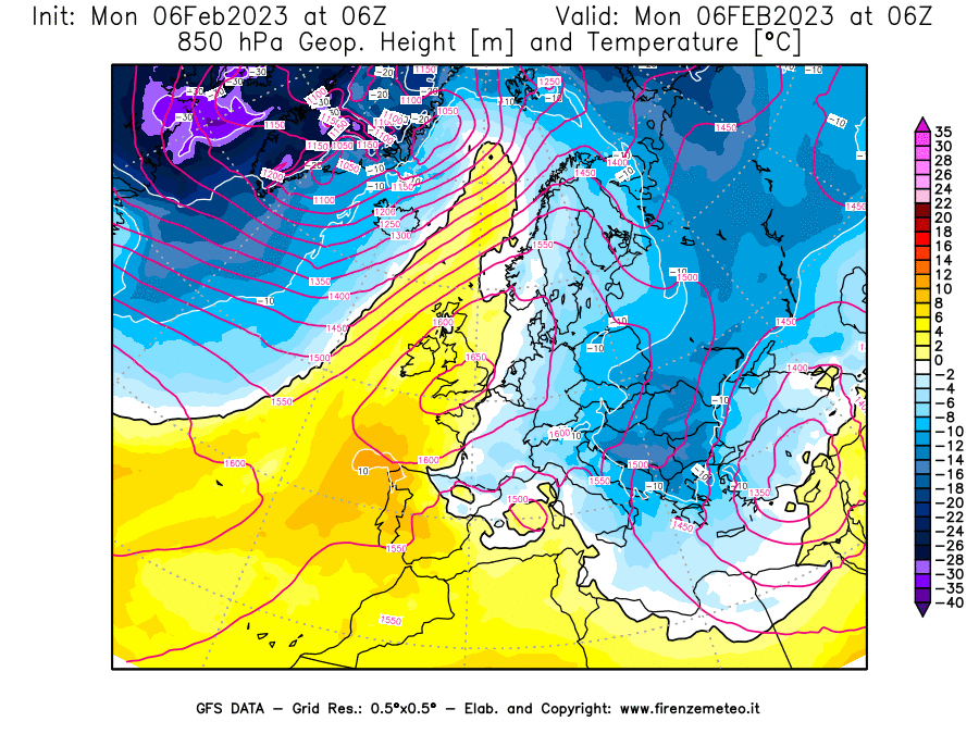 Mappa di analisi GFS - Geopotenziale [m] e Temperatura [°C] a 850 hPa in Europa
							del 06/02/2023 06 <!--googleoff: index-->UTC<!--googleon: index-->