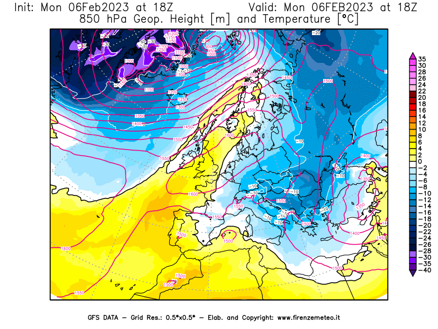 Mappa di analisi GFS - Geopotenziale [m] e Temperatura [°C] a 850 hPa in Europa
							del 06/02/2023 18 <!--googleoff: index-->UTC<!--googleon: index-->