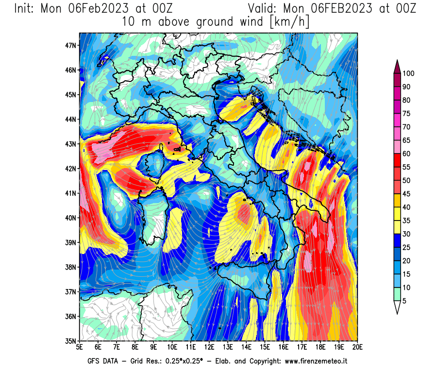 Mappa di analisi GFS - Velocità del vento a 10 metri dal suolo [km/h] in Italia
							del 06/02/2023 00 <!--googleoff: index-->UTC<!--googleon: index-->