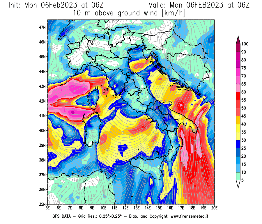 Mappa di analisi GFS - Velocità del vento a 10 metri dal suolo [km/h] in Italia
							del 06/02/2023 06 <!--googleoff: index-->UTC<!--googleon: index-->
