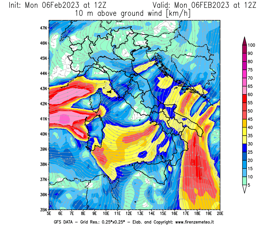 Mappa di analisi GFS - Velocità del vento a 10 metri dal suolo [km/h] in Italia
							del 06/02/2023 12 <!--googleoff: index-->UTC<!--googleon: index-->