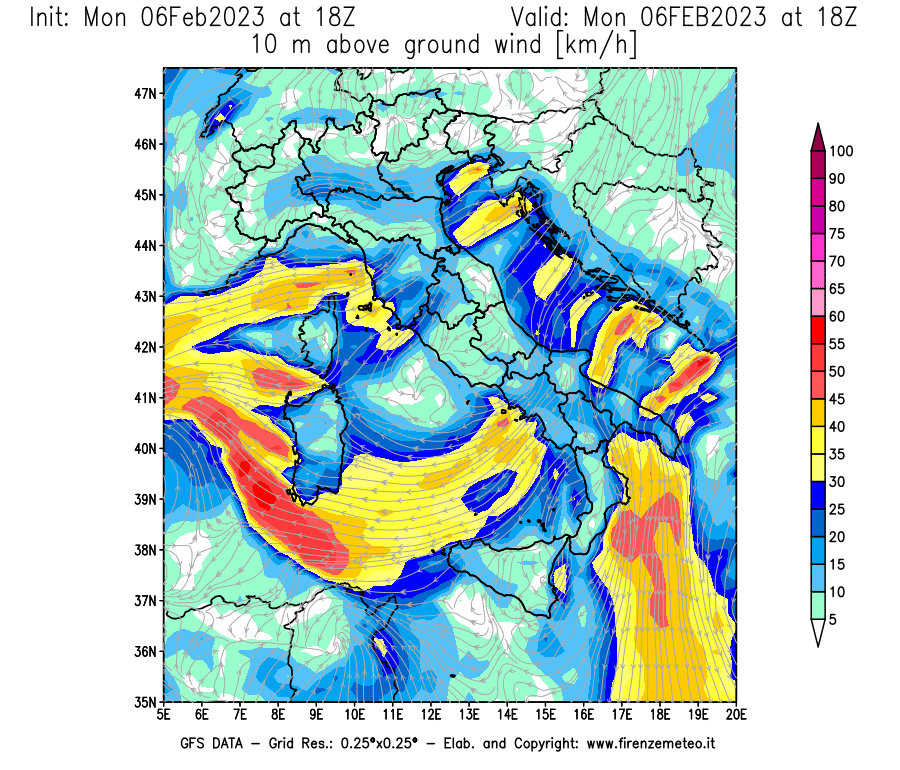 Mappa di analisi GFS - Velocità del vento a 10 metri dal suolo [km/h] in Italia
							del 06/02/2023 18 <!--googleoff: index-->UTC<!--googleon: index-->