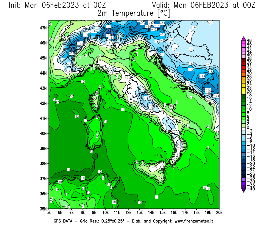 Mappa di analisi GFS - Temperatura a 2 metri dal suolo [°C] in Italia
							del 06/02/2023 00 <!--googleoff: index-->UTC<!--googleon: index-->