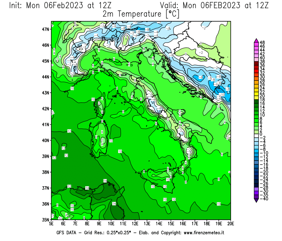 Mappa di analisi GFS - Temperatura a 2 metri dal suolo [°C] in Italia
							del 06/02/2023 12 <!--googleoff: index-->UTC<!--googleon: index-->