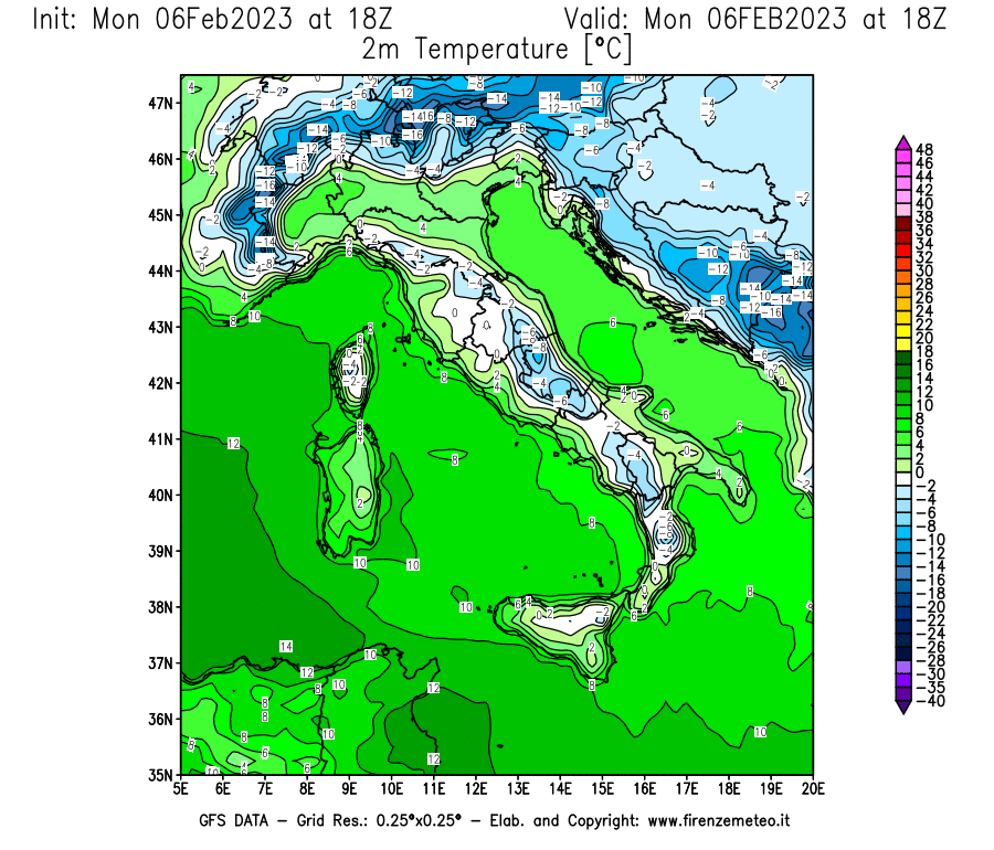 Mappa di analisi GFS - Temperatura a 2 metri dal suolo [°C] in Italia
							del 06/02/2023 18 <!--googleoff: index-->UTC<!--googleon: index-->