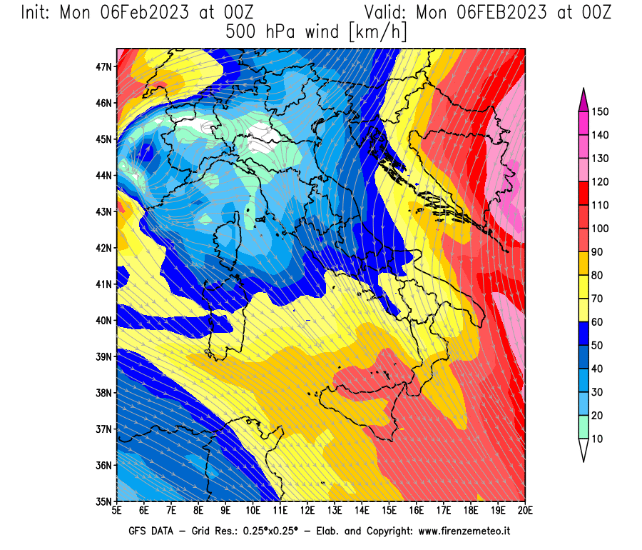 Mappa di analisi GFS - Velocità del vento a 500 hPa [km/h] in Italia
							del 06/02/2023 00 <!--googleoff: index-->UTC<!--googleon: index-->