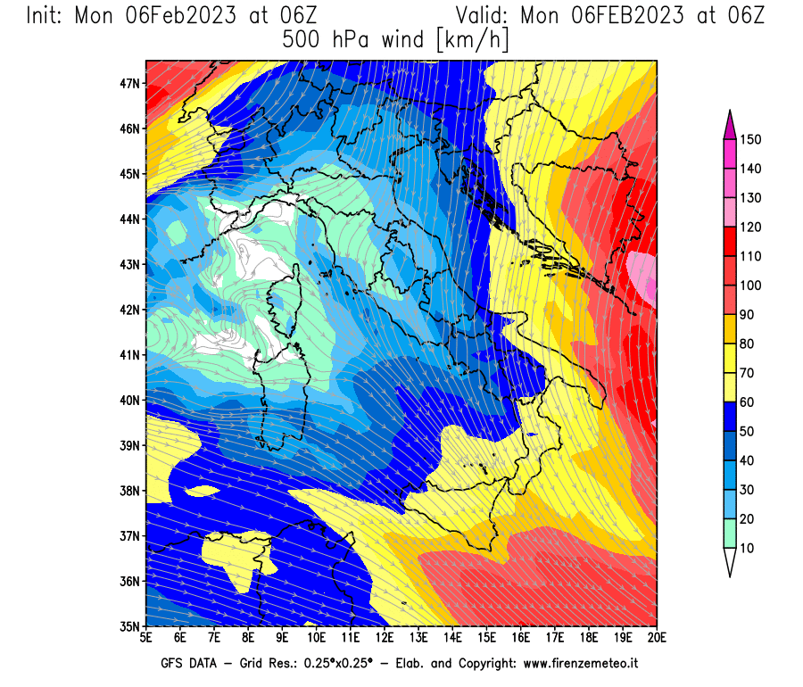 Mappa di analisi GFS - Velocità del vento a 500 hPa [km/h] in Italia
							del 06/02/2023 06 <!--googleoff: index-->UTC<!--googleon: index-->