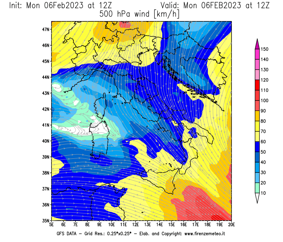 Mappa di analisi GFS - Velocità del vento a 500 hPa [km/h] in Italia
							del 06/02/2023 12 <!--googleoff: index-->UTC<!--googleon: index-->