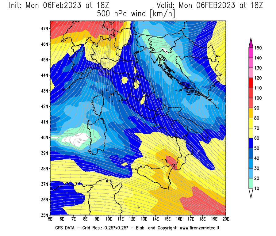 Mappa di analisi GFS - Velocità del vento a 500 hPa [km/h] in Italia
							del 06/02/2023 18 <!--googleoff: index-->UTC<!--googleon: index-->