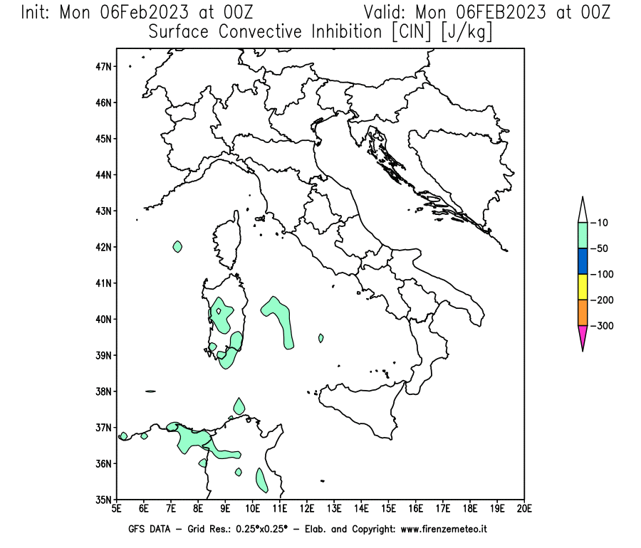 Mappa di analisi GFS - CIN [J/kg] in Italia
							del 06/02/2023 00 <!--googleoff: index-->UTC<!--googleon: index-->