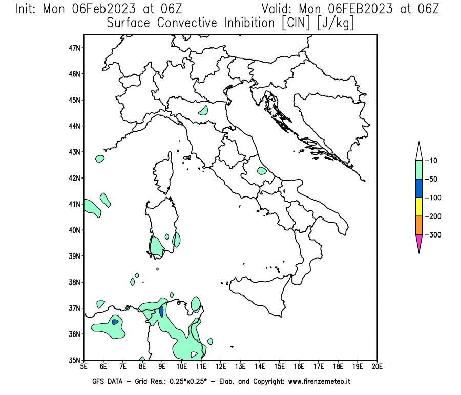 Mappa di analisi GFS - CIN [J/kg] in Italia
							del 06/02/2023 06 <!--googleoff: index-->UTC<!--googleon: index-->