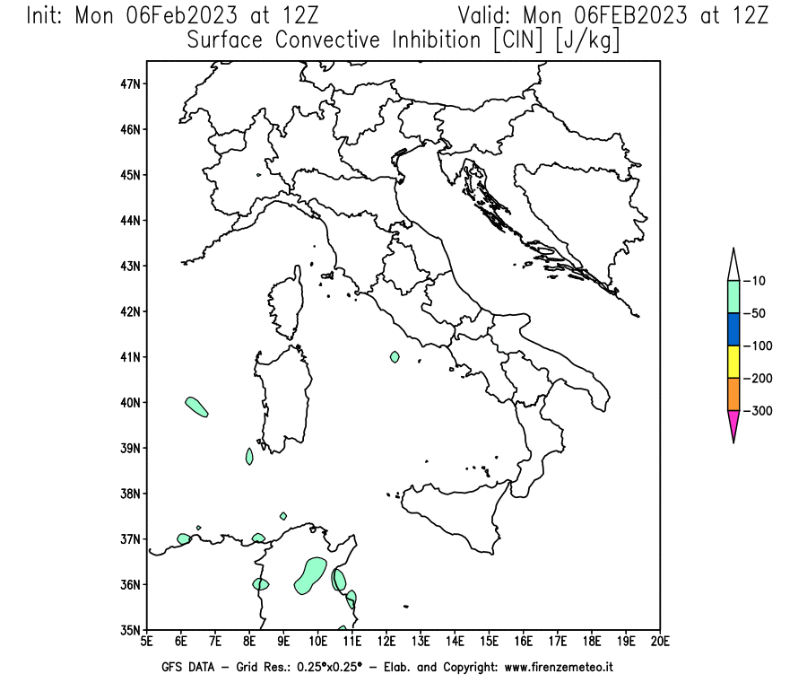 Mappa di analisi GFS - CIN [J/kg] in Italia
							del 06/02/2023 12 <!--googleoff: index-->UTC<!--googleon: index-->