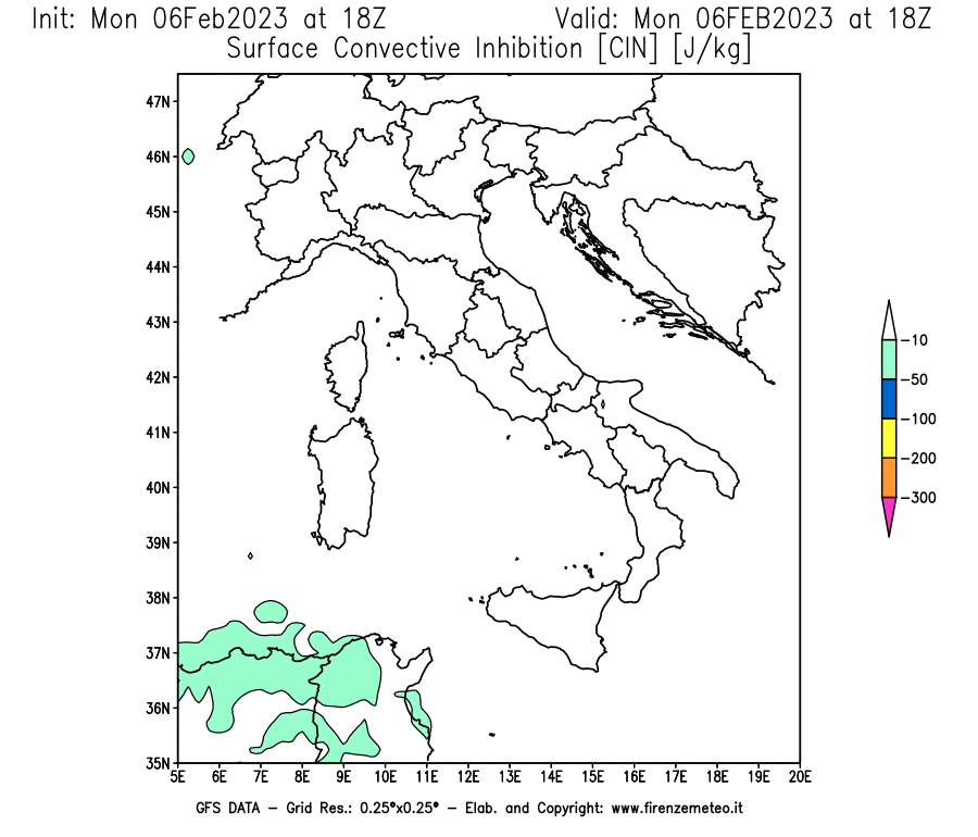 Mappa di analisi GFS - CIN [J/kg] in Italia
							del 06/02/2023 18 <!--googleoff: index-->UTC<!--googleon: index-->
