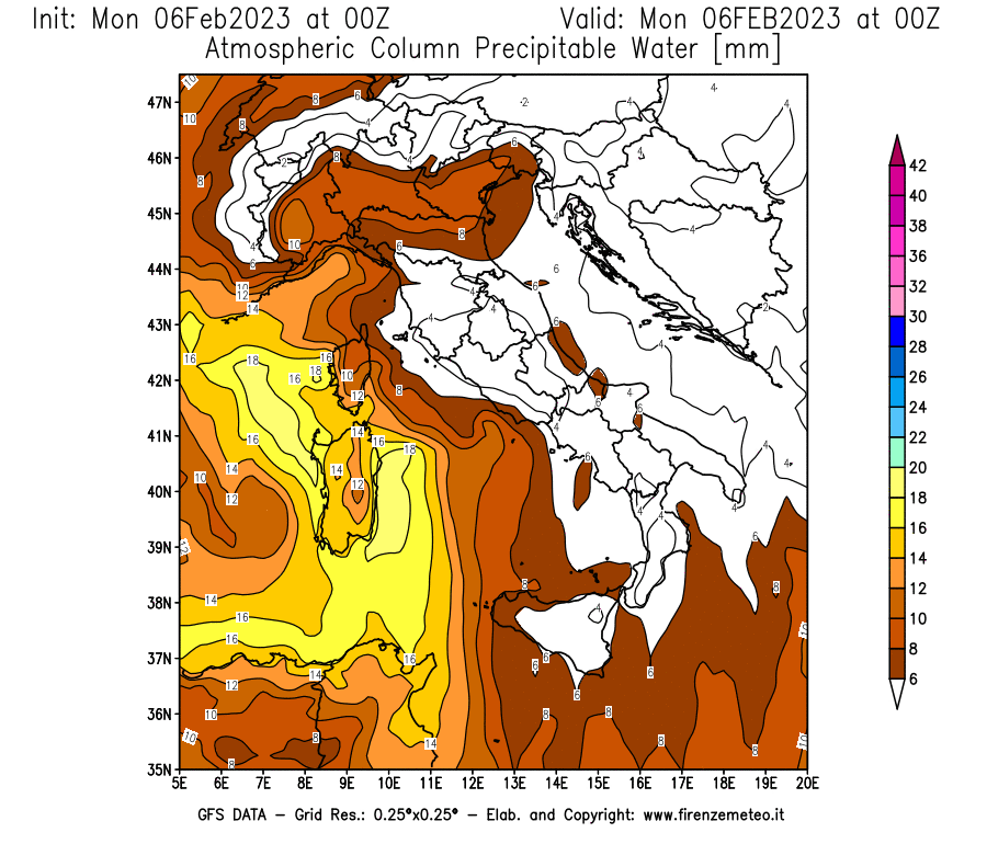 Mappa di analisi GFS - Precipitable Water [mm] in Italia
							del 06/02/2023 00 <!--googleoff: index-->UTC<!--googleon: index-->