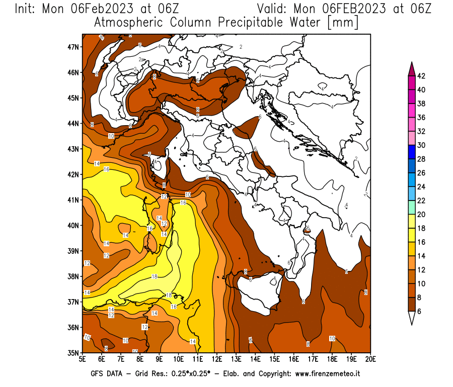 Mappa di analisi GFS - Precipitable Water [mm] in Italia
							del 06/02/2023 06 <!--googleoff: index-->UTC<!--googleon: index-->