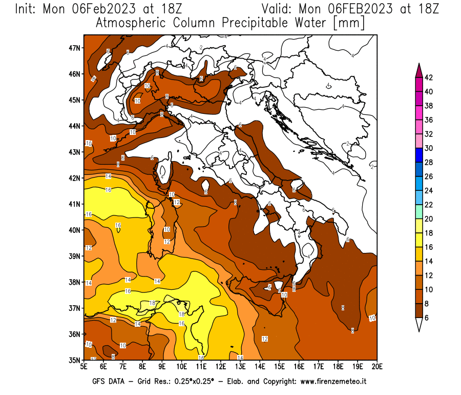 Mappa di analisi GFS - Precipitable Water [mm] in Italia
							del 06/02/2023 18 <!--googleoff: index-->UTC<!--googleon: index-->