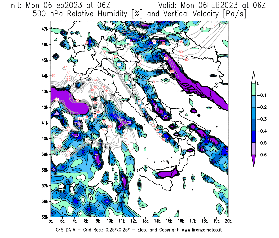 Mappa di analisi GFS - Umidità relativa [%] e Omega [Pa/s] a 500 hPa in Italia
							del 06/02/2023 06 <!--googleoff: index-->UTC<!--googleon: index-->