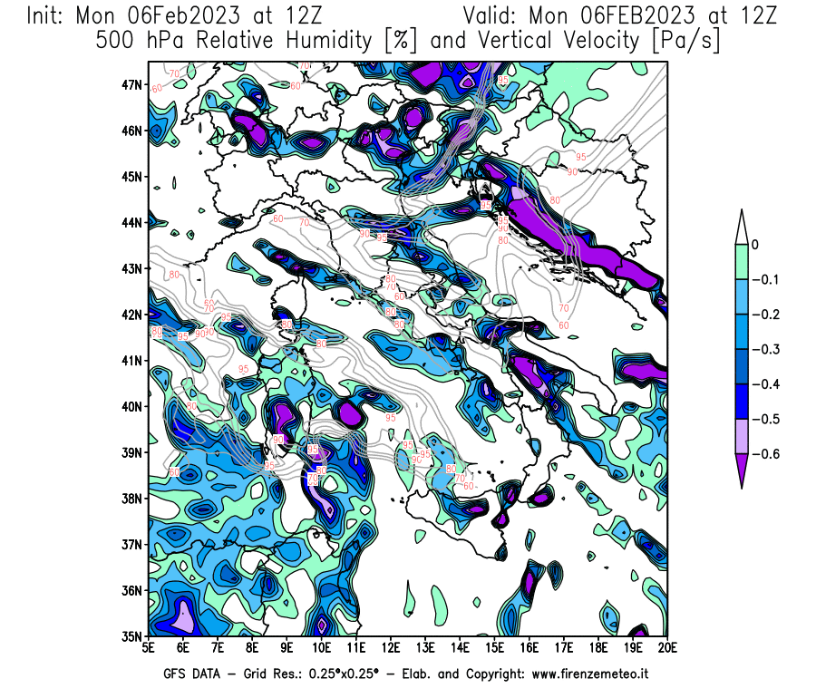Mappa di analisi GFS - Umidità relativa [%] e Omega [Pa/s] a 500 hPa in Italia
							del 06/02/2023 12 <!--googleoff: index-->UTC<!--googleon: index-->
