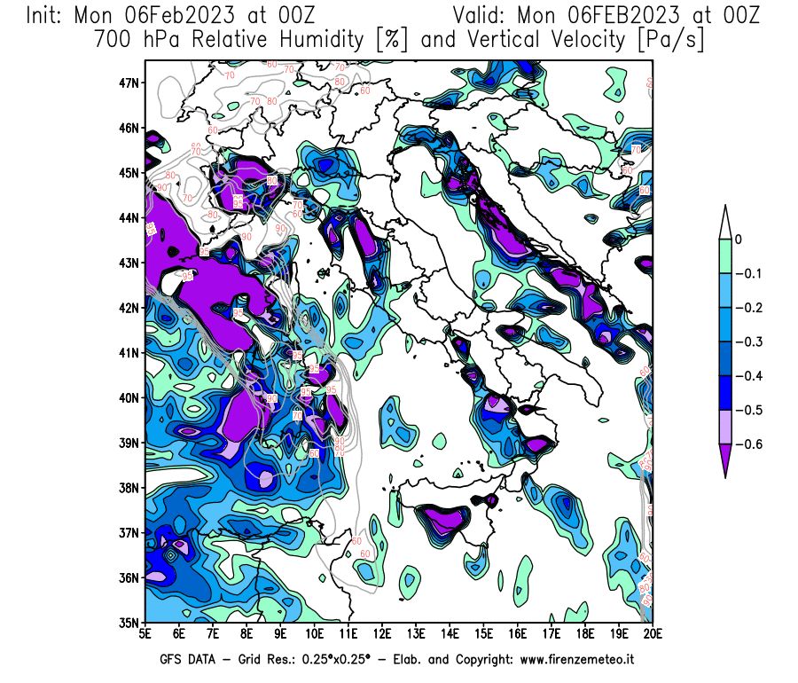 Mappa di analisi GFS - Umidità relativa [%] e Omega [Pa/s] a 700 hPa in Italia
							del 06/02/2023 00 <!--googleoff: index-->UTC<!--googleon: index-->