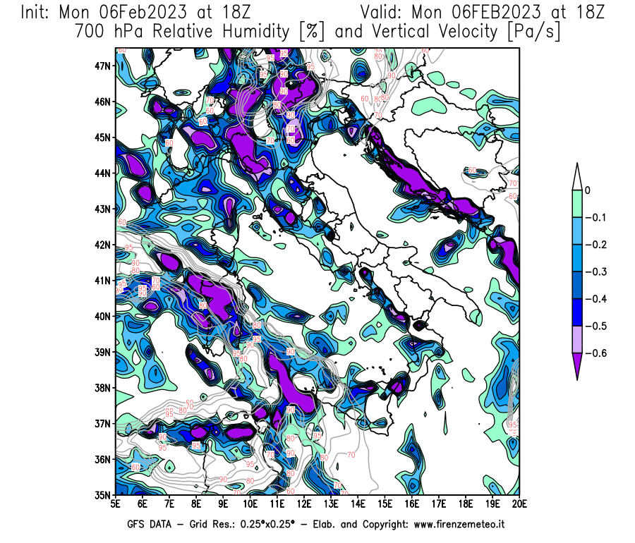 Mappa di analisi GFS - Umidità relativa [%] e Omega [Pa/s] a 700 hPa in Italia
							del 06/02/2023 18 <!--googleoff: index-->UTC<!--googleon: index-->