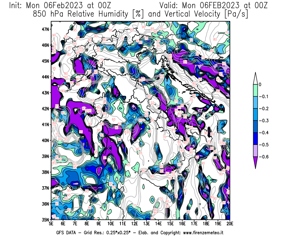 Mappa di analisi GFS - Umidità relativa [%] e Omega [Pa/s] a 850 hPa in Italia
							del 06/02/2023 00 <!--googleoff: index-->UTC<!--googleon: index-->