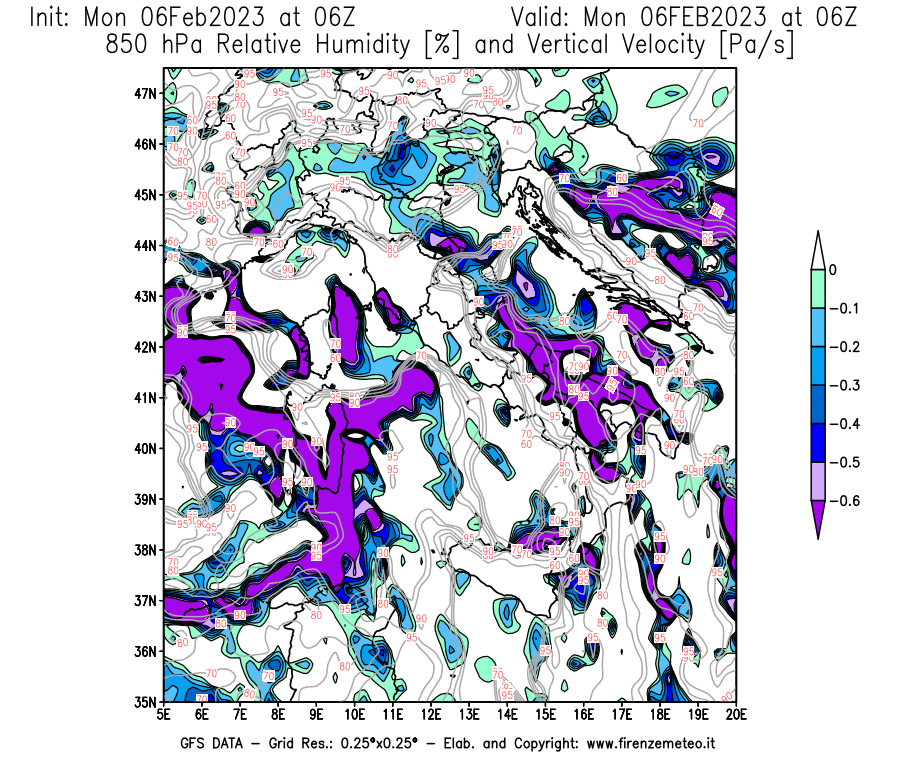 Mappa di analisi GFS - Umidità relativa [%] e Omega [Pa/s] a 850 hPa in Italia
							del 06/02/2023 06 <!--googleoff: index-->UTC<!--googleon: index-->