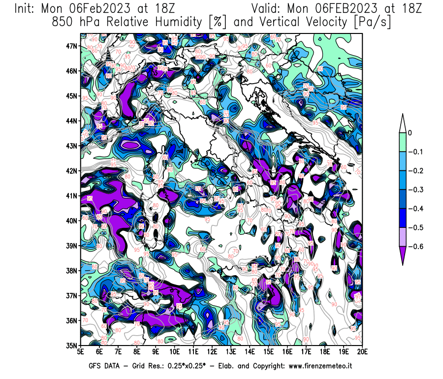 Mappa di analisi GFS - Umidità relativa [%] e Omega [Pa/s] a 850 hPa in Italia
							del 06/02/2023 18 <!--googleoff: index-->UTC<!--googleon: index-->