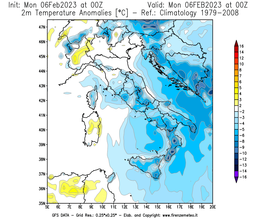 Mappa di analisi GFS - Anomalia Temperatura [°C] a 2 m in Italia
							del 06/02/2023 00 <!--googleoff: index-->UTC<!--googleon: index-->