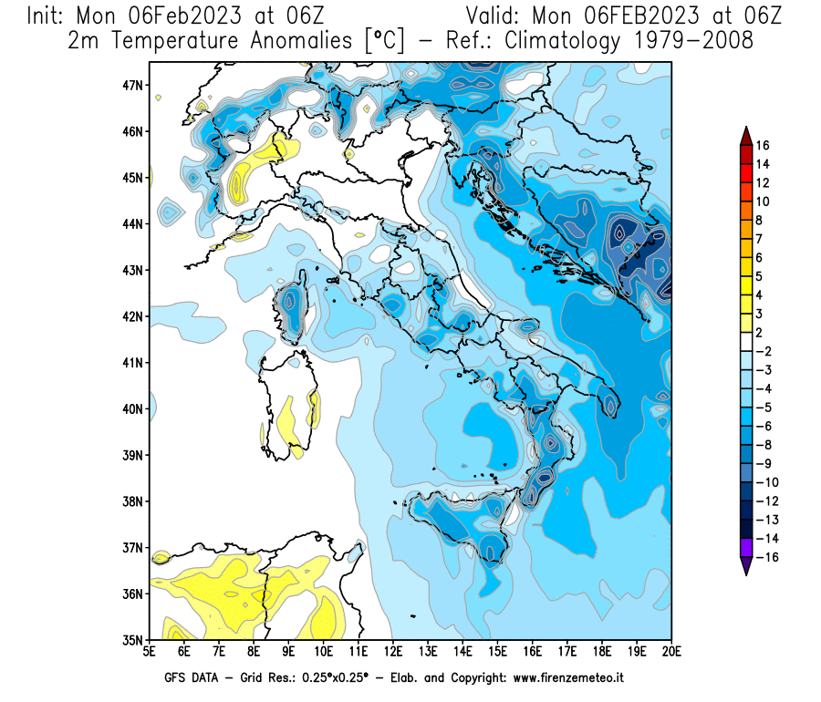 Mappa di analisi GFS - Anomalia Temperatura [°C] a 2 m in Italia
							del 06/02/2023 06 <!--googleoff: index-->UTC<!--googleon: index-->