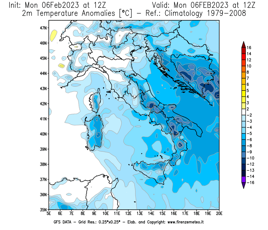 Mappa di analisi GFS - Anomalia Temperatura [°C] a 2 m in Italia
							del 06/02/2023 12 <!--googleoff: index-->UTC<!--googleon: index-->