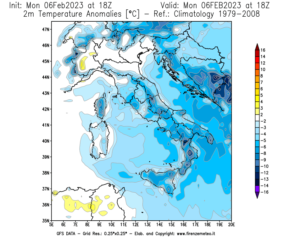 Mappa di analisi GFS - Anomalia Temperatura [°C] a 2 m in Italia
							del 06/02/2023 18 <!--googleoff: index-->UTC<!--googleon: index-->
