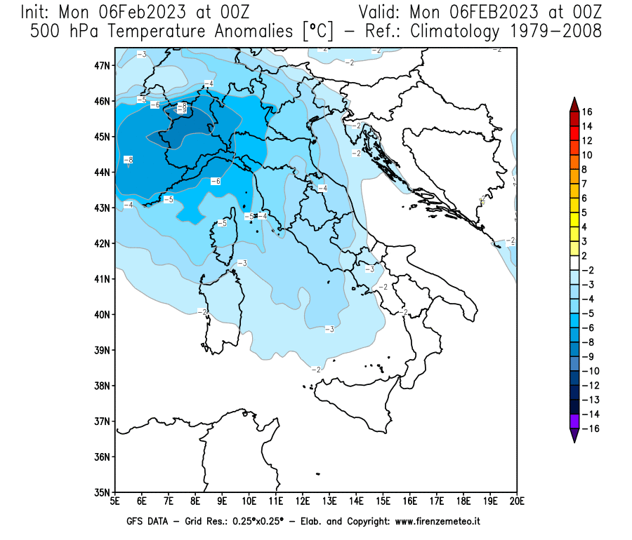 Mappa di analisi GFS - Anomalia Temperatura [°C] a 500 hPa in Italia
							del 06/02/2023 00 <!--googleoff: index-->UTC<!--googleon: index-->