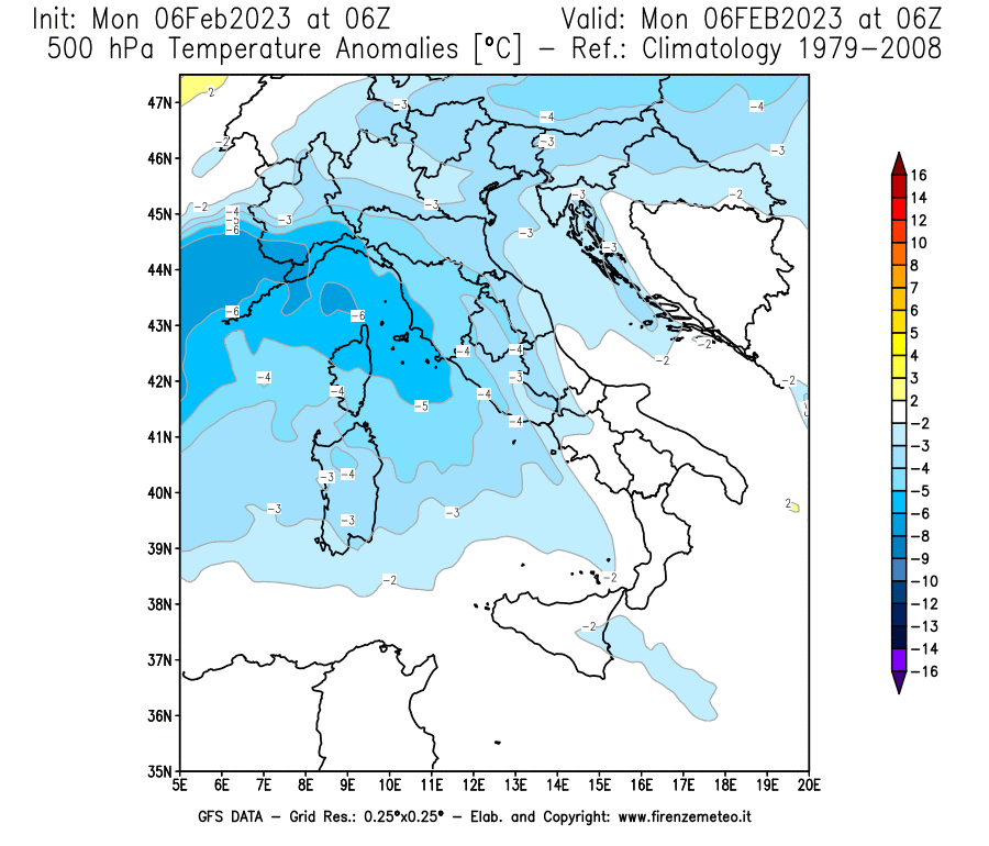 Mappa di analisi GFS - Anomalia Temperatura [°C] a 500 hPa in Italia
							del 06/02/2023 06 <!--googleoff: index-->UTC<!--googleon: index-->
