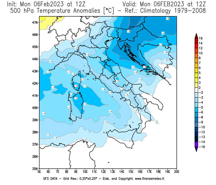 Mappa di analisi GFS - Anomalia Temperatura [°C] a 500 hPa in Italia
							del 06/02/2023 12 <!--googleoff: index-->UTC<!--googleon: index-->