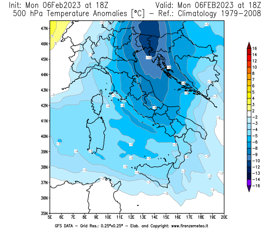 Mappa di analisi GFS - Anomalia Temperatura [°C] a 500 hPa in Italia
							del 06/02/2023 18 <!--googleoff: index-->UTC<!--googleon: index-->