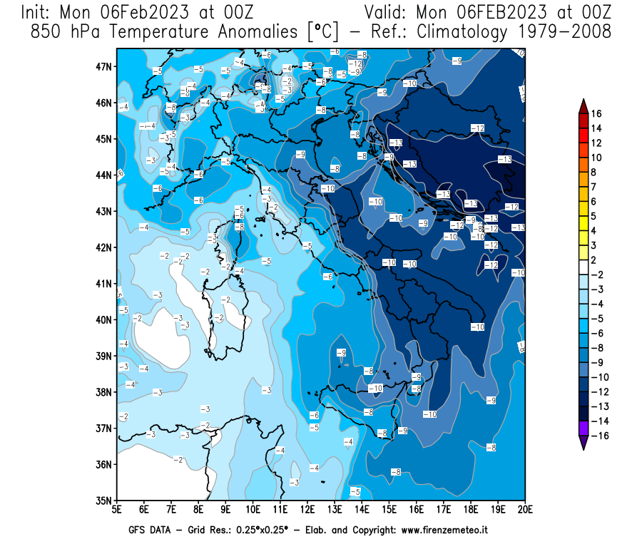 Mappa di analisi GFS - Anomalia Temperatura [°C] a 850 hPa in Italia
							del 06/02/2023 00 <!--googleoff: index-->UTC<!--googleon: index-->