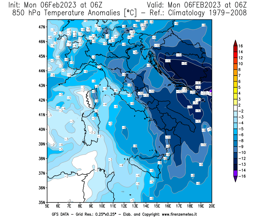 Mappa di analisi GFS - Anomalia Temperatura [°C] a 850 hPa in Italia
							del 06/02/2023 06 <!--googleoff: index-->UTC<!--googleon: index-->