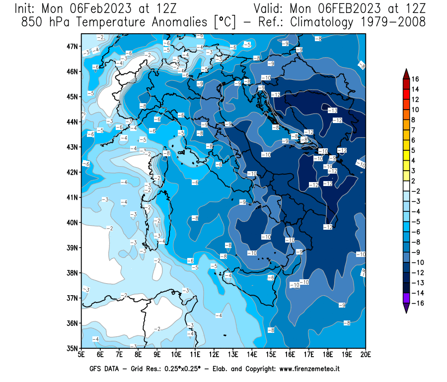 Mappa di analisi GFS - Anomalia Temperatura [°C] a 850 hPa in Italia
							del 06/02/2023 12 <!--googleoff: index-->UTC<!--googleon: index-->