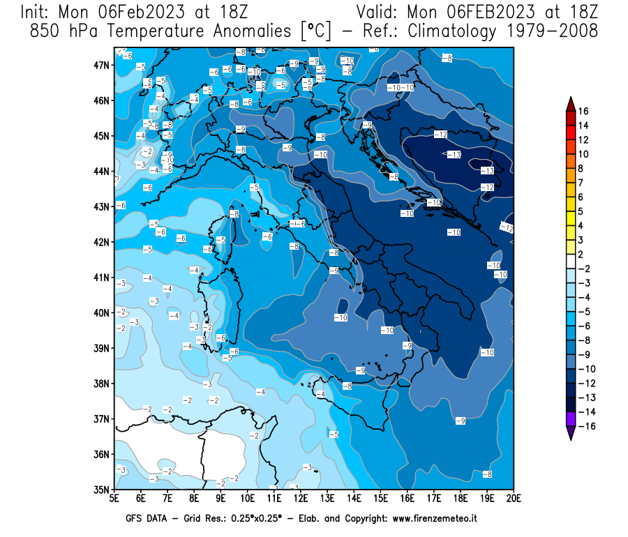 Mappa di analisi GFS - Anomalia Temperatura [°C] a 850 hPa in Italia
							del 06/02/2023 18 <!--googleoff: index-->UTC<!--googleon: index-->
