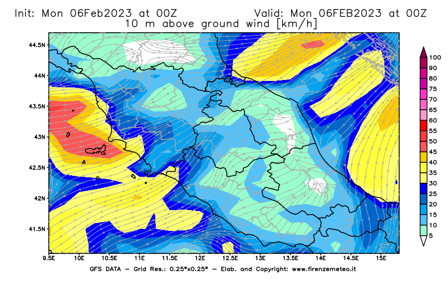 Mappa di analisi GFS - Velocità del vento a 10 metri dal suolo [km/h] in Centro-Italia
							del 06/02/2023 00 <!--googleoff: index-->UTC<!--googleon: index-->