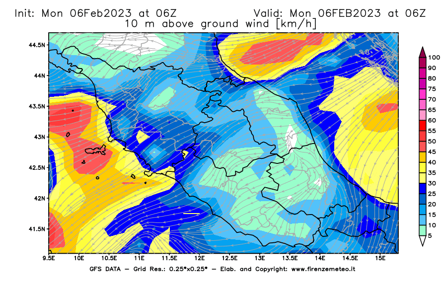 Mappa di analisi GFS - Velocità del vento a 10 metri dal suolo [km/h] in Centro-Italia
							del 06/02/2023 06 <!--googleoff: index-->UTC<!--googleon: index-->