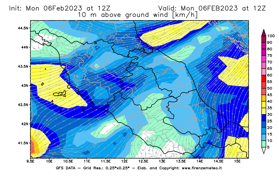 Mappa di analisi GFS - Velocità del vento a 10 metri dal suolo [km/h] in Centro-Italia
							del 06/02/2023 12 <!--googleoff: index-->UTC<!--googleon: index-->